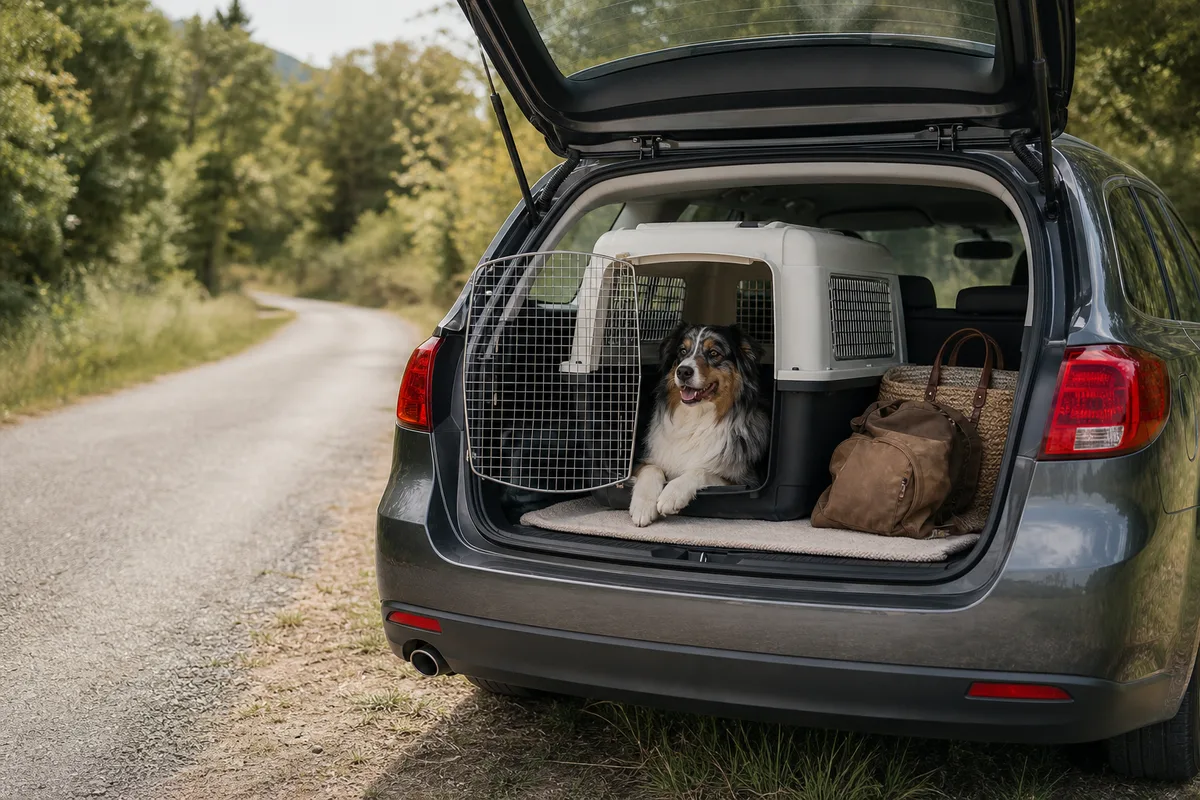 Chien assis dans le coffre d'un break, sanglé sur une couverture, portes ouvertes sur une route de campagne